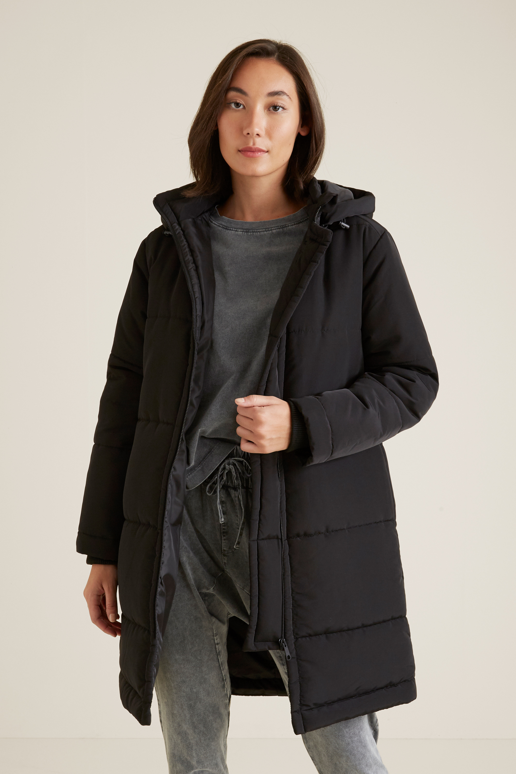 fitted longline puffer coat