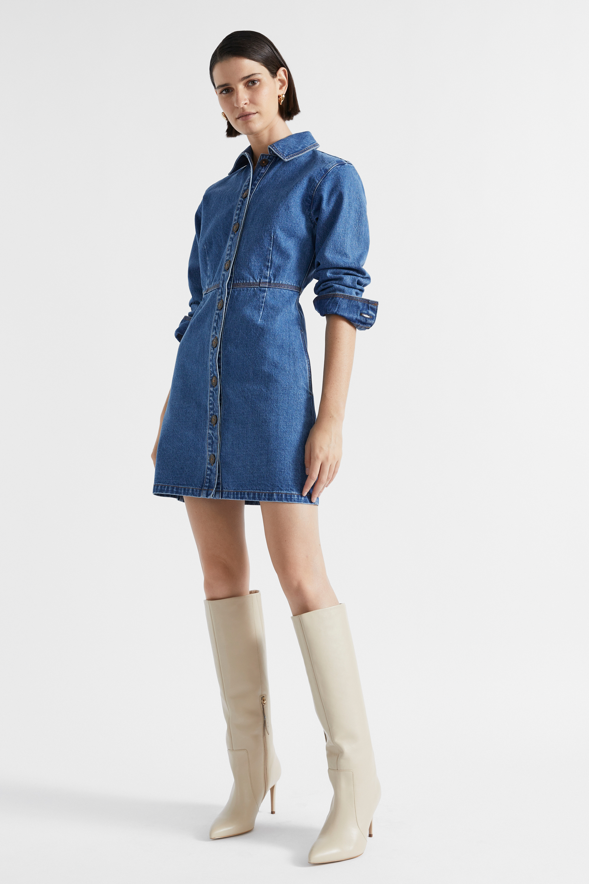 sheller back 見付け zip denim midi dress/indigo 