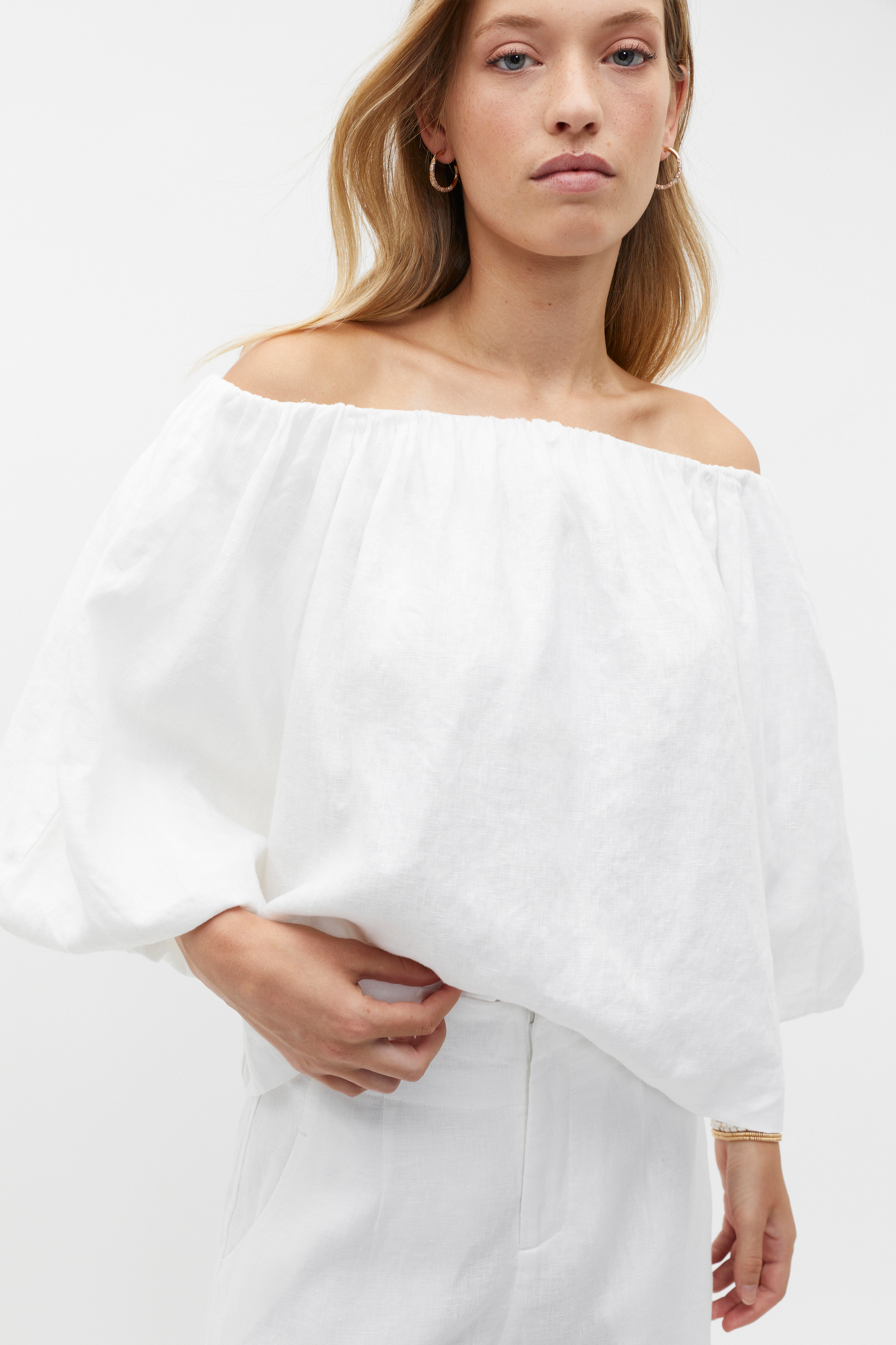 Linen White Ruffle Blouse Off Shoulder White Ruffle Hem Off