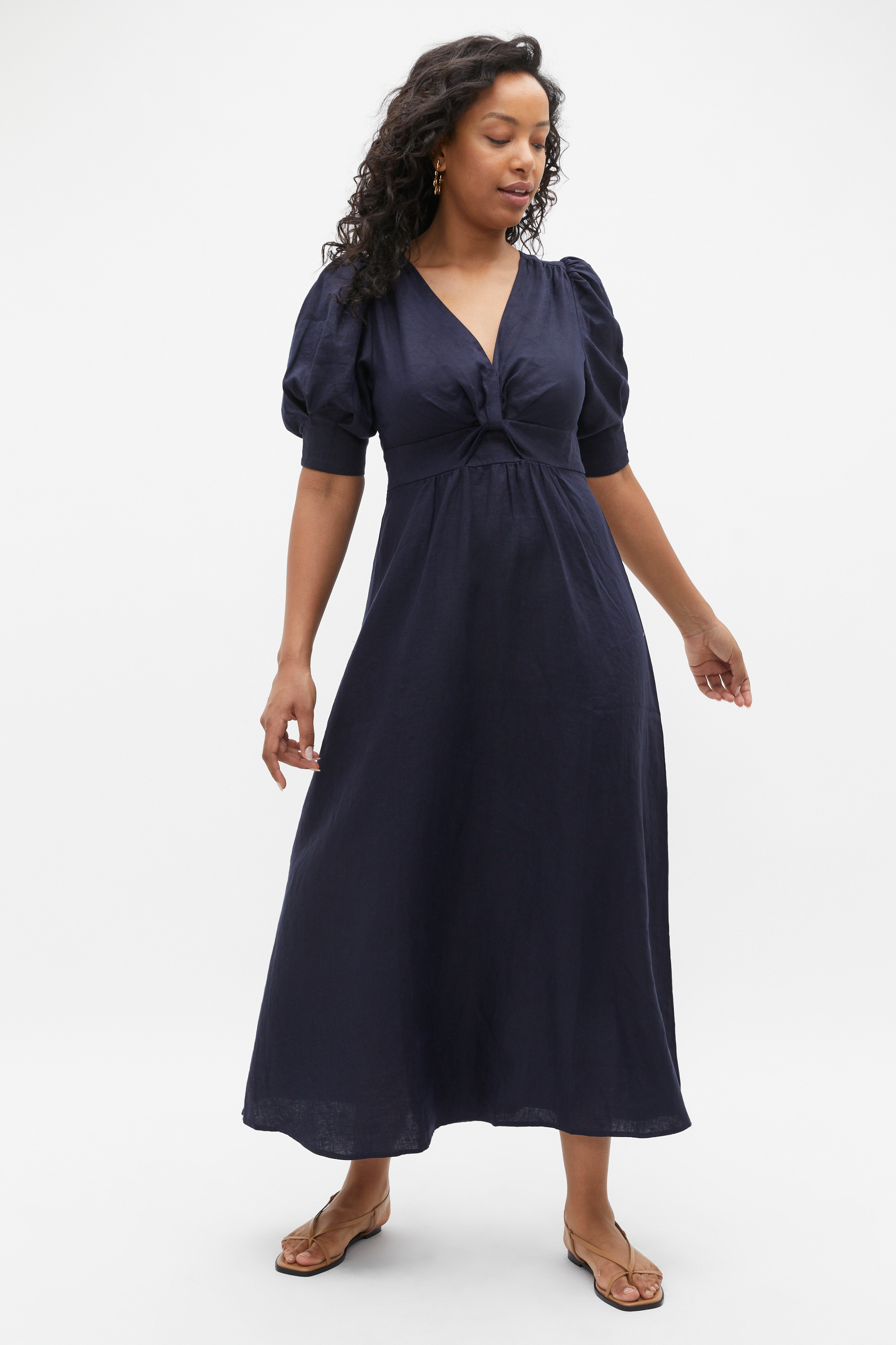 Linen Twist Front Midi Dress Midnight Sky Seed Heritage