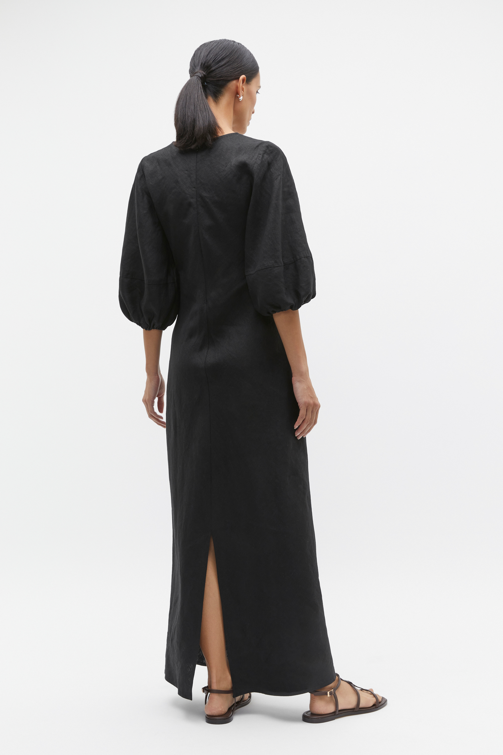 Linen Balloon Sleeve Slip Maxi Dress | Black | Seed Heritage