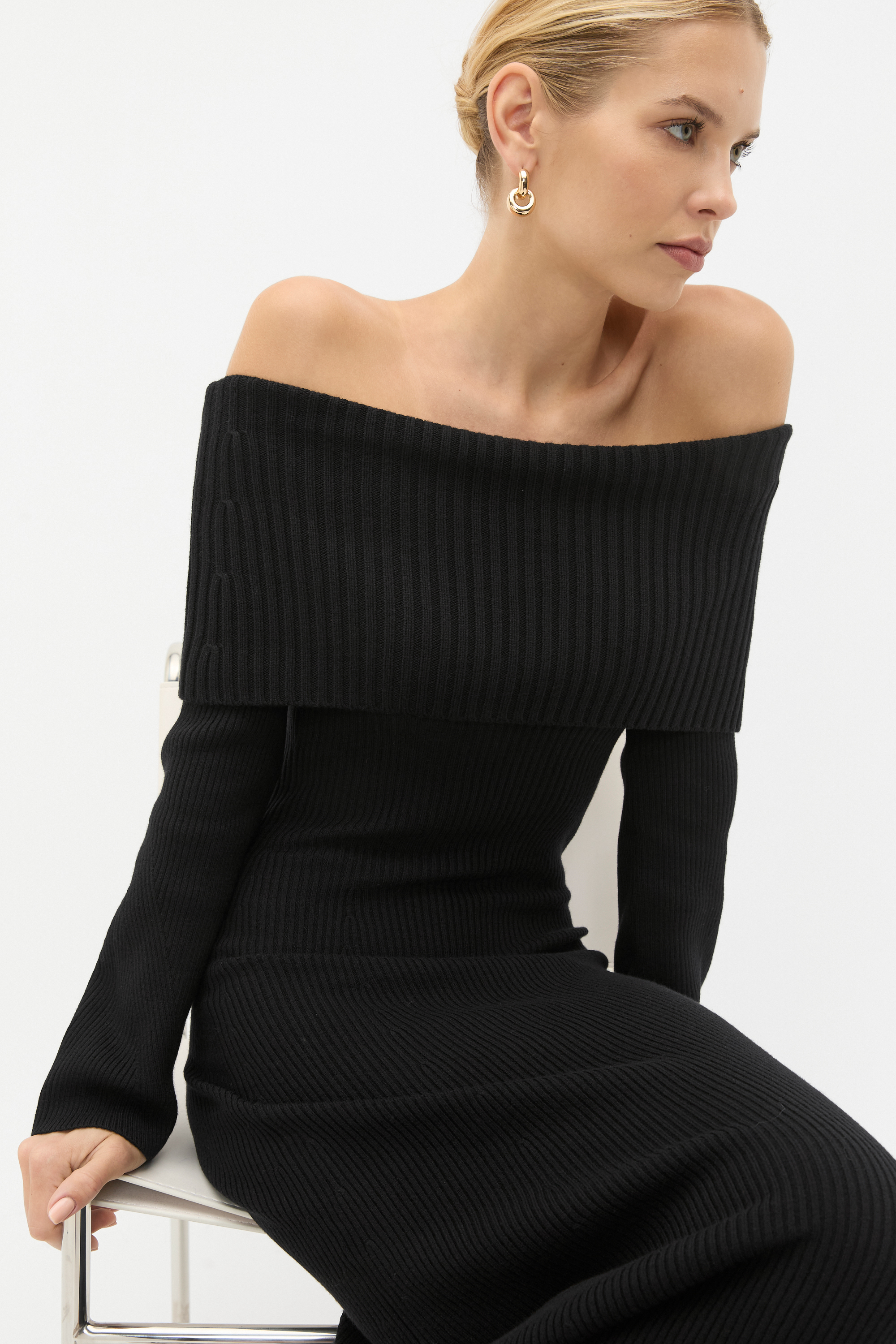 Off Shoulder Knit Dress | Black | Seed Heritage