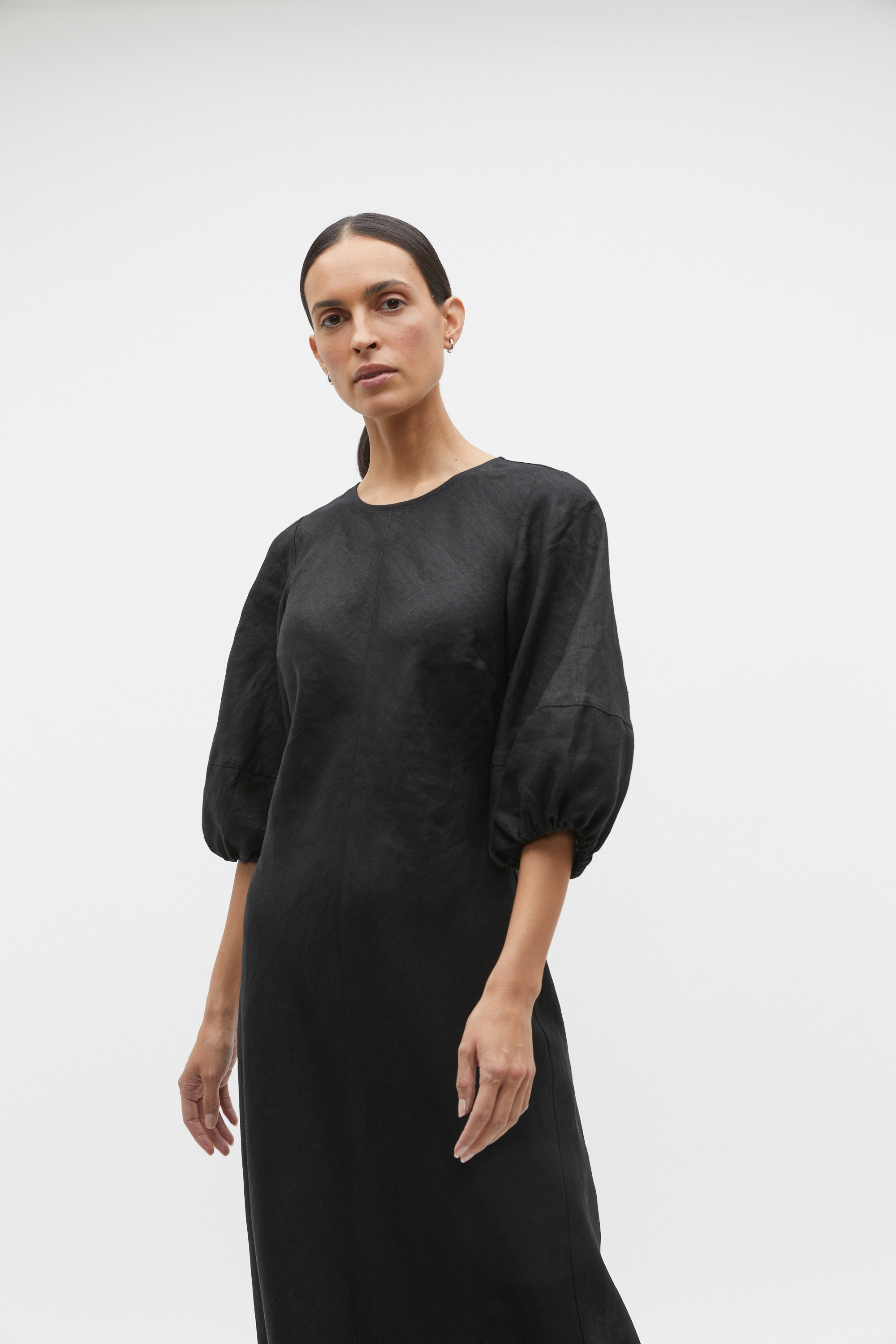 chinese dress ladies Long Sleeves Balloon Crinkled Greige Silk Linen Dress  grizas.com