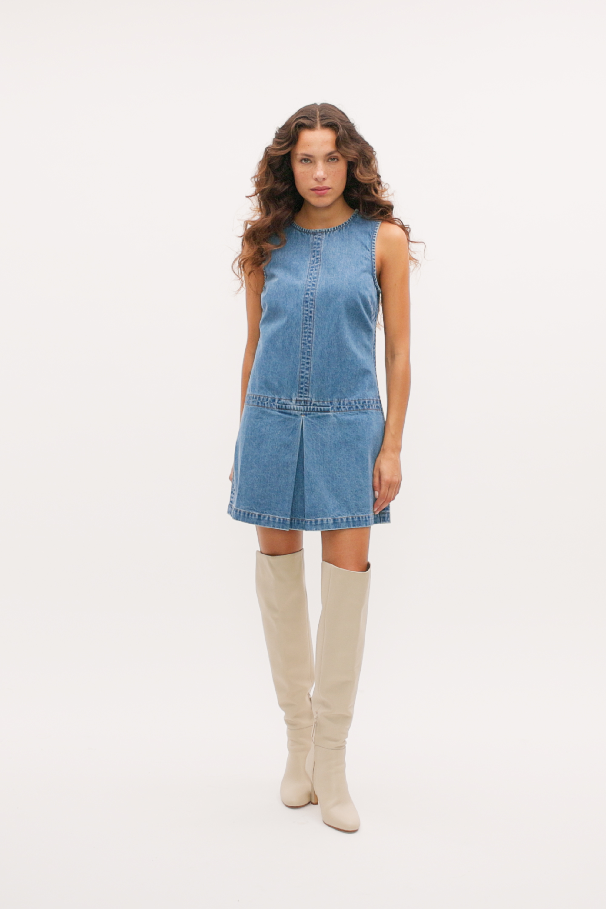 Denim Pleat Mini Dress | Ice Blue Wash | Seed Heritage