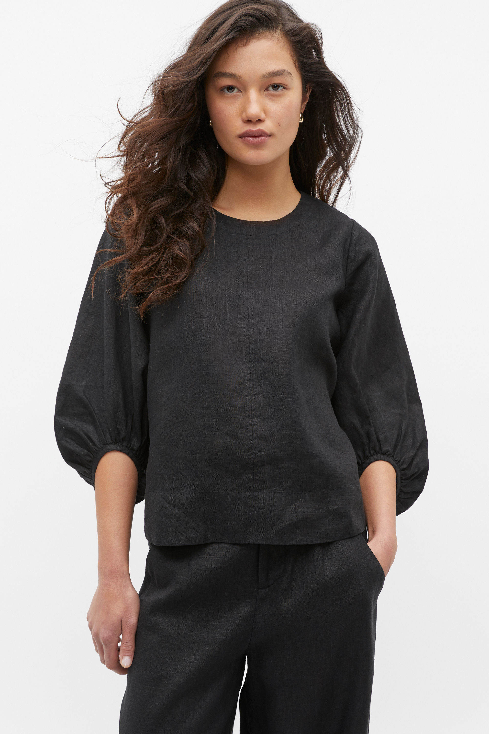 Core Linen Balloon Sleeve Top | Black | Seed Heritage