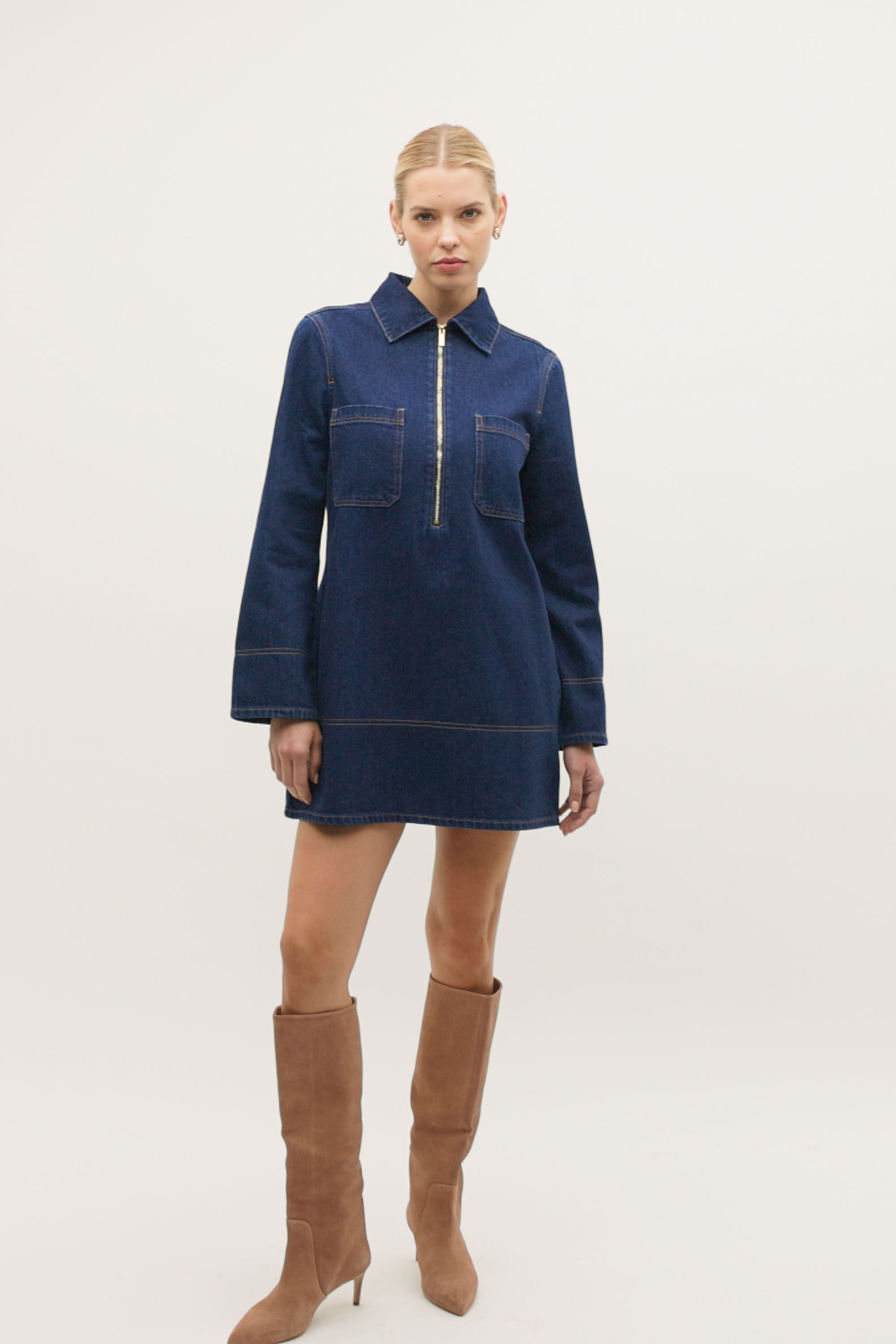 Long Sleeve Denim Mini Dress | Twilight Blue Wash | Seed Heritage