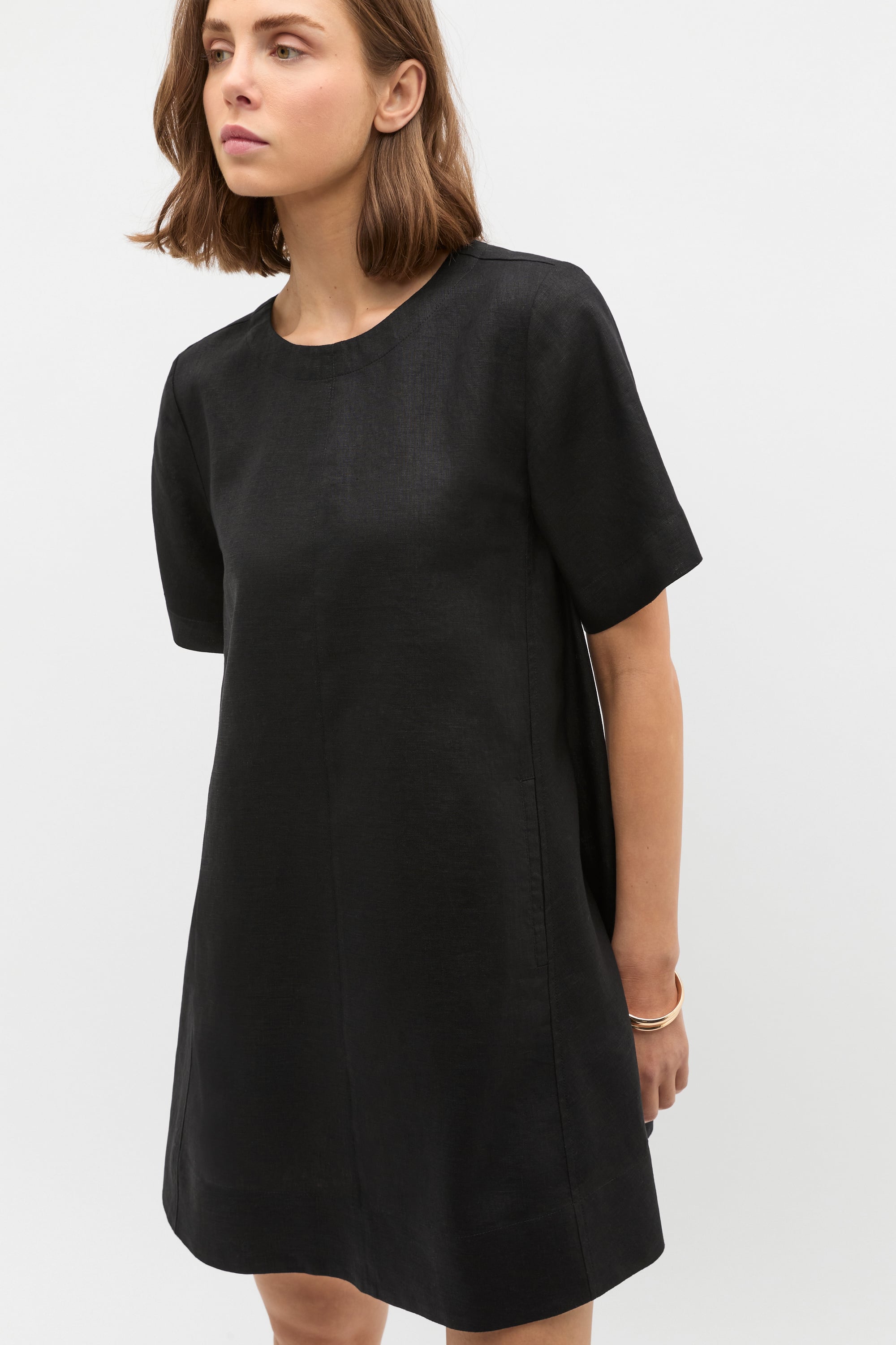 Linen Short Sleeve Mini Dress | Black | Seed Heritage