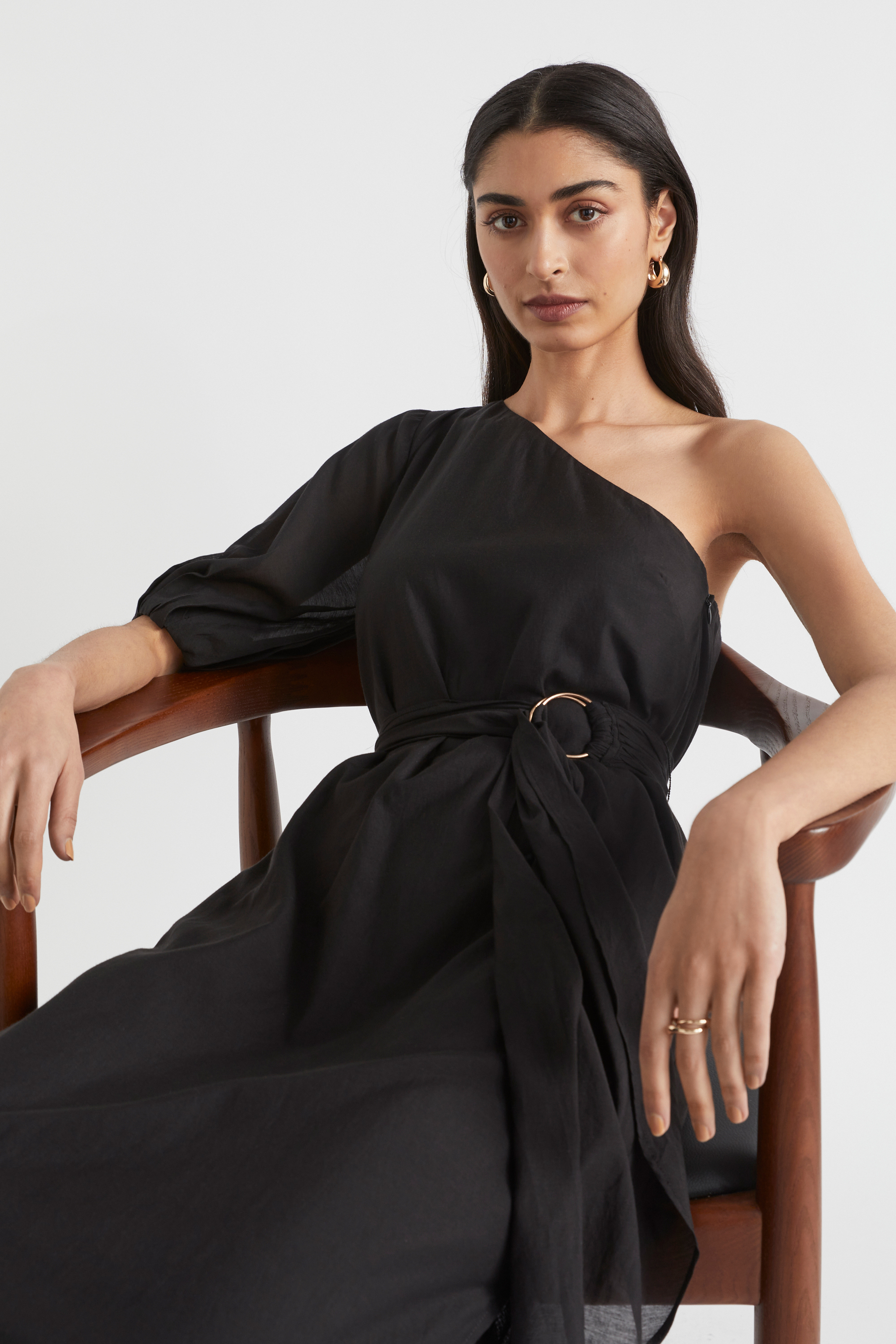 One Shoulder D Ring Belt Maxi Dress | Black | Seed Heritage