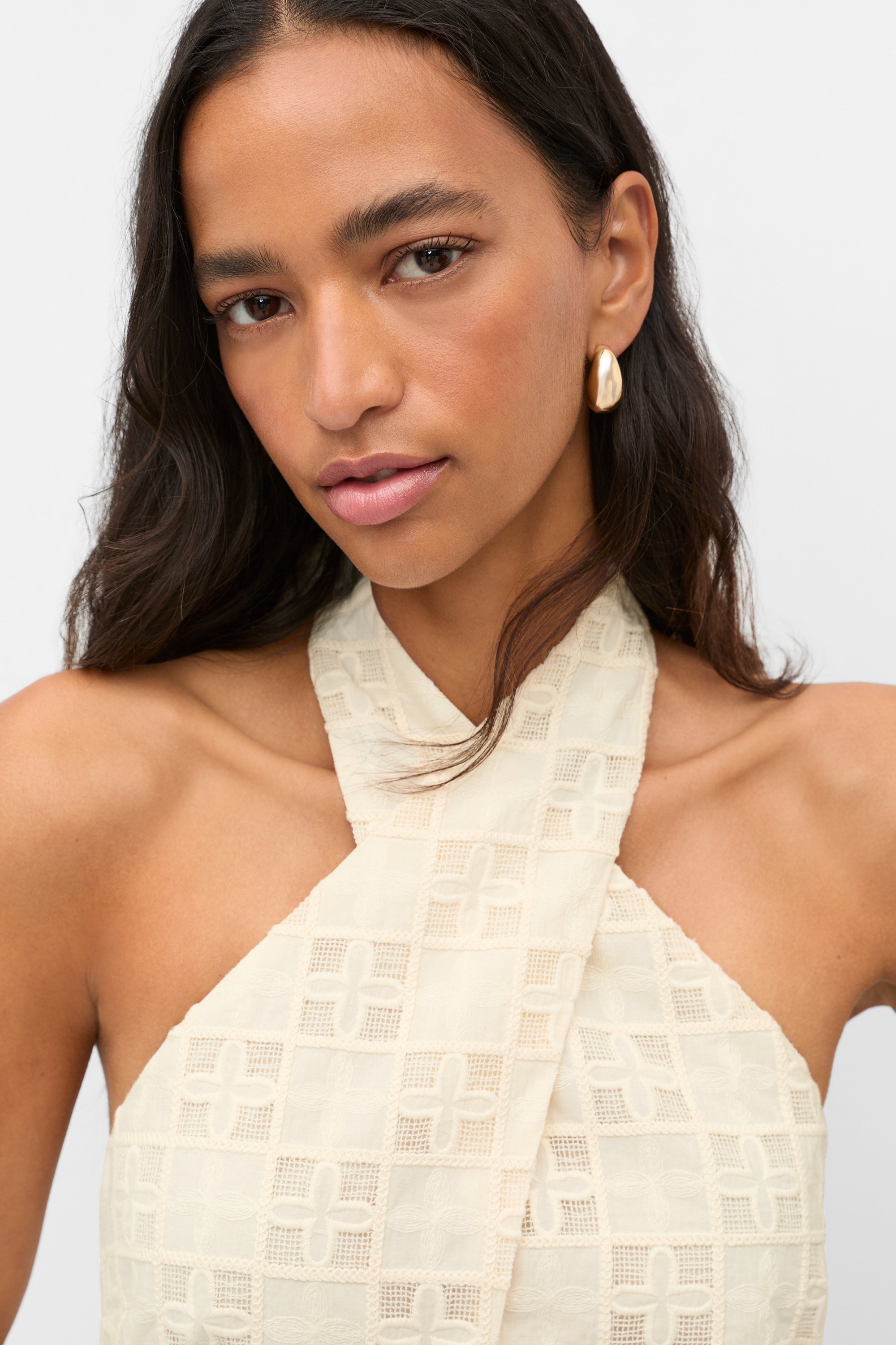 Tile Embroidery Halter Mini Dress | Coconut Cream | Seed Heritage