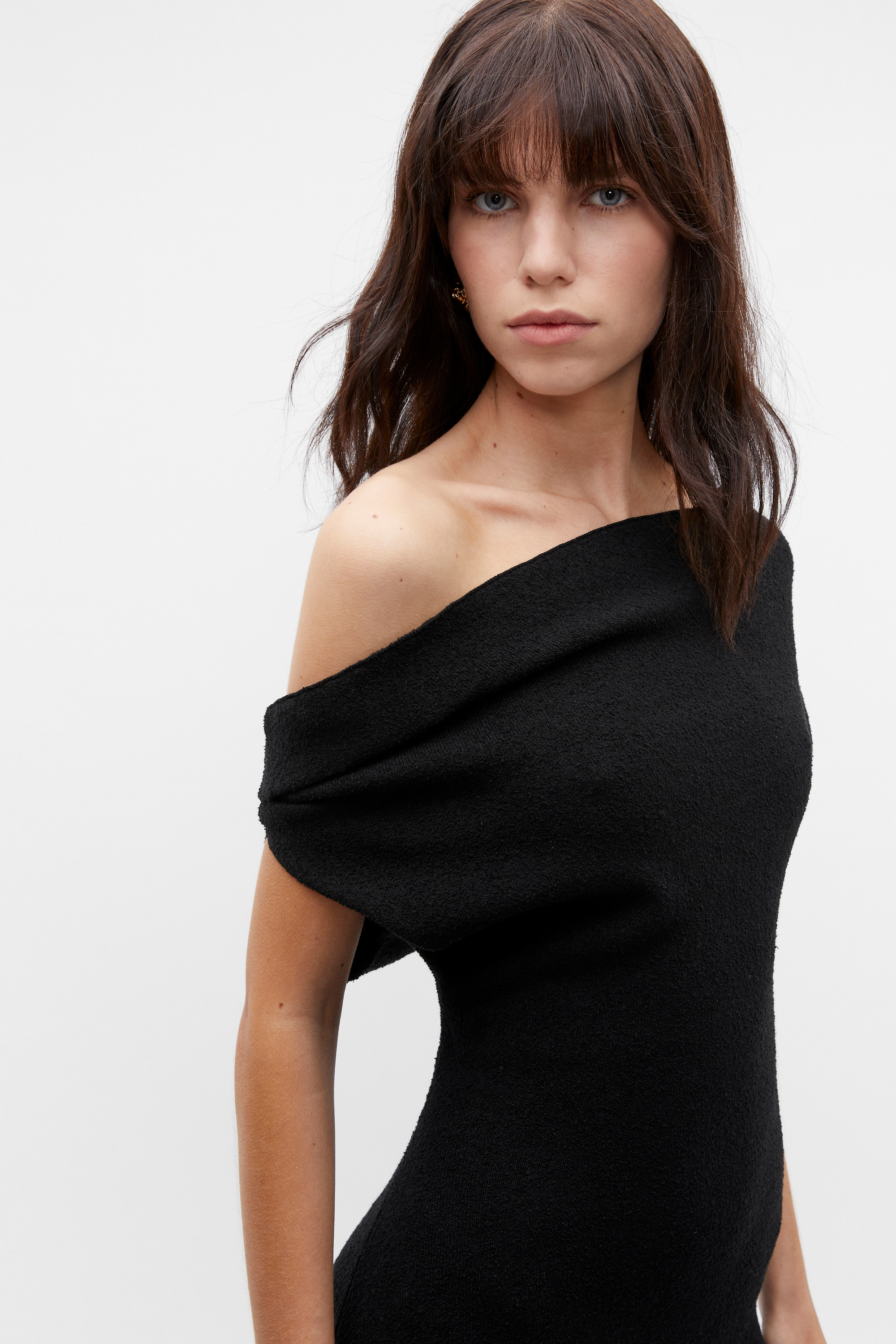 Boucle Knit Off Shoulder Dress | Black | Seed Heritage