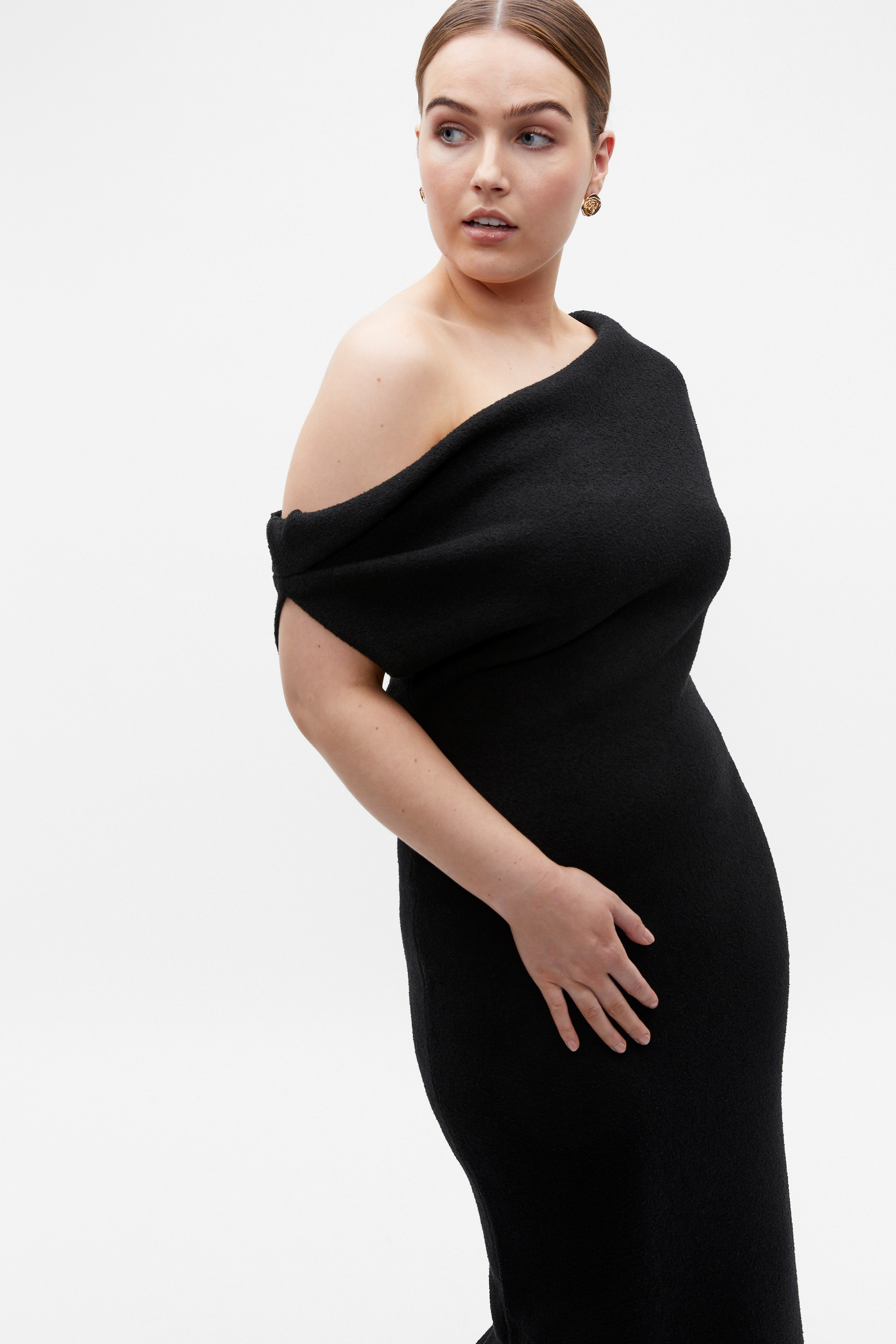 Boucle Knit Off Shoulder Dress | Black | Seed Heritage