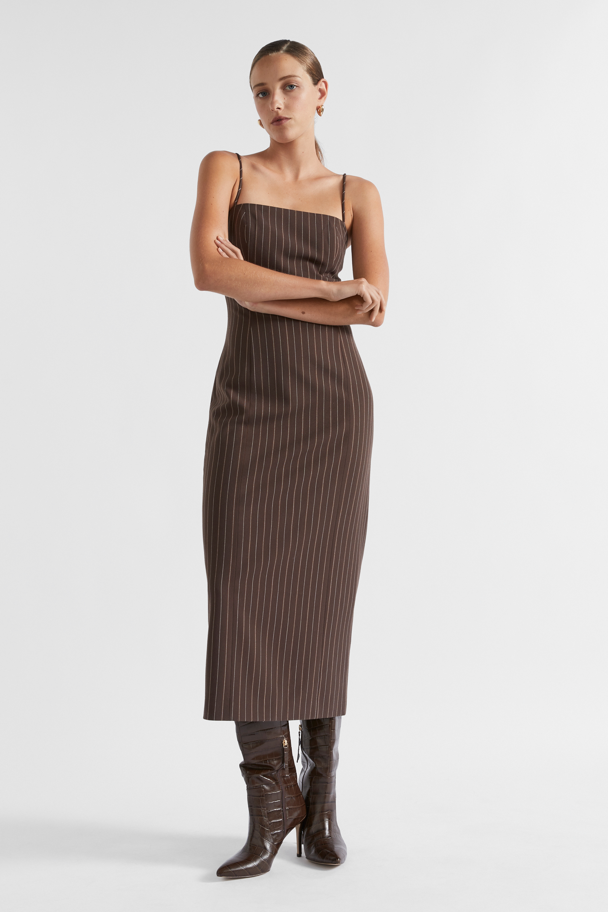 Tailored Midi Dress | Dark Espresso Pinstripe | Seed Heritage