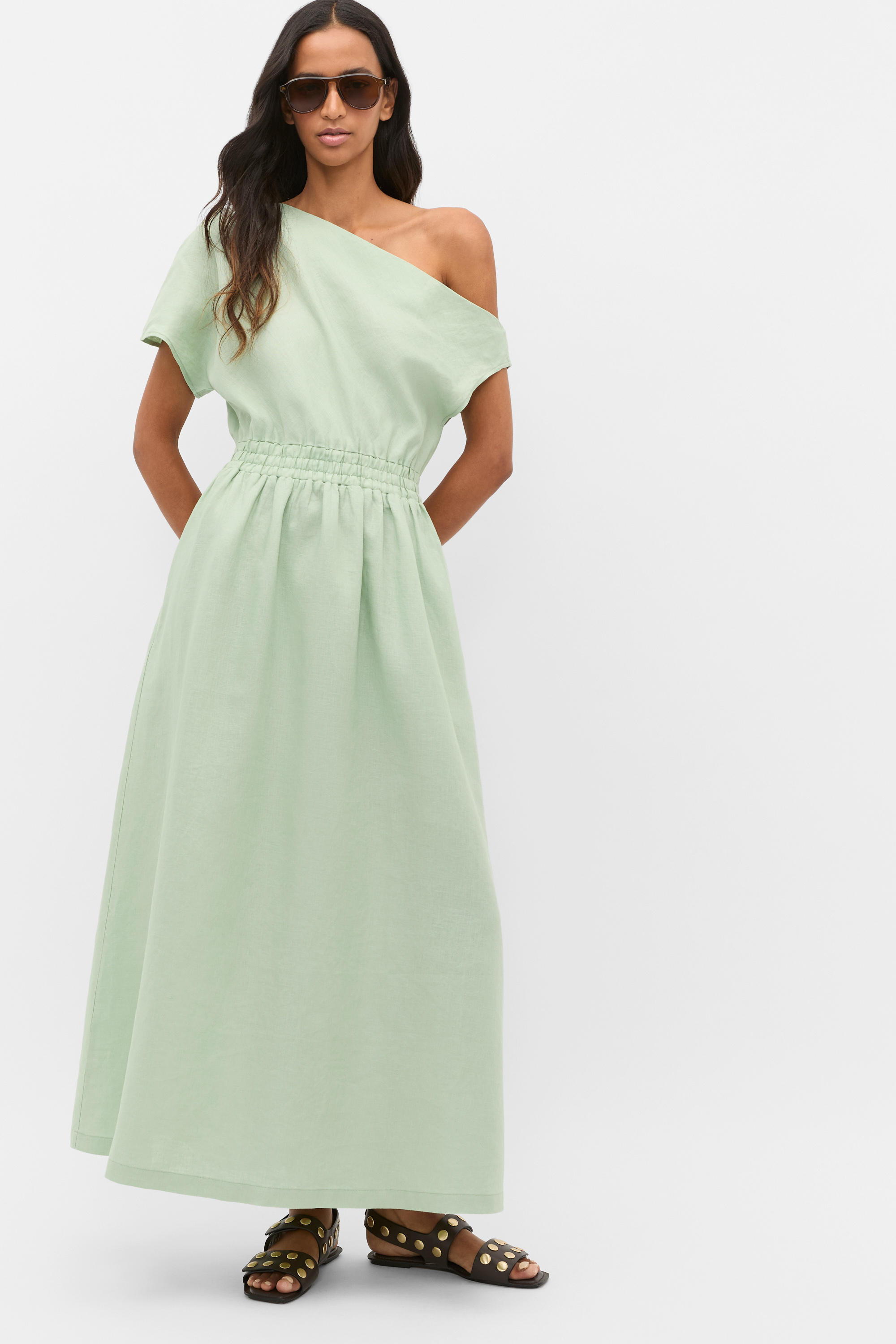 seed linen maxi dress Linen Off Shoulder Maxi Dress | Eucalyptus